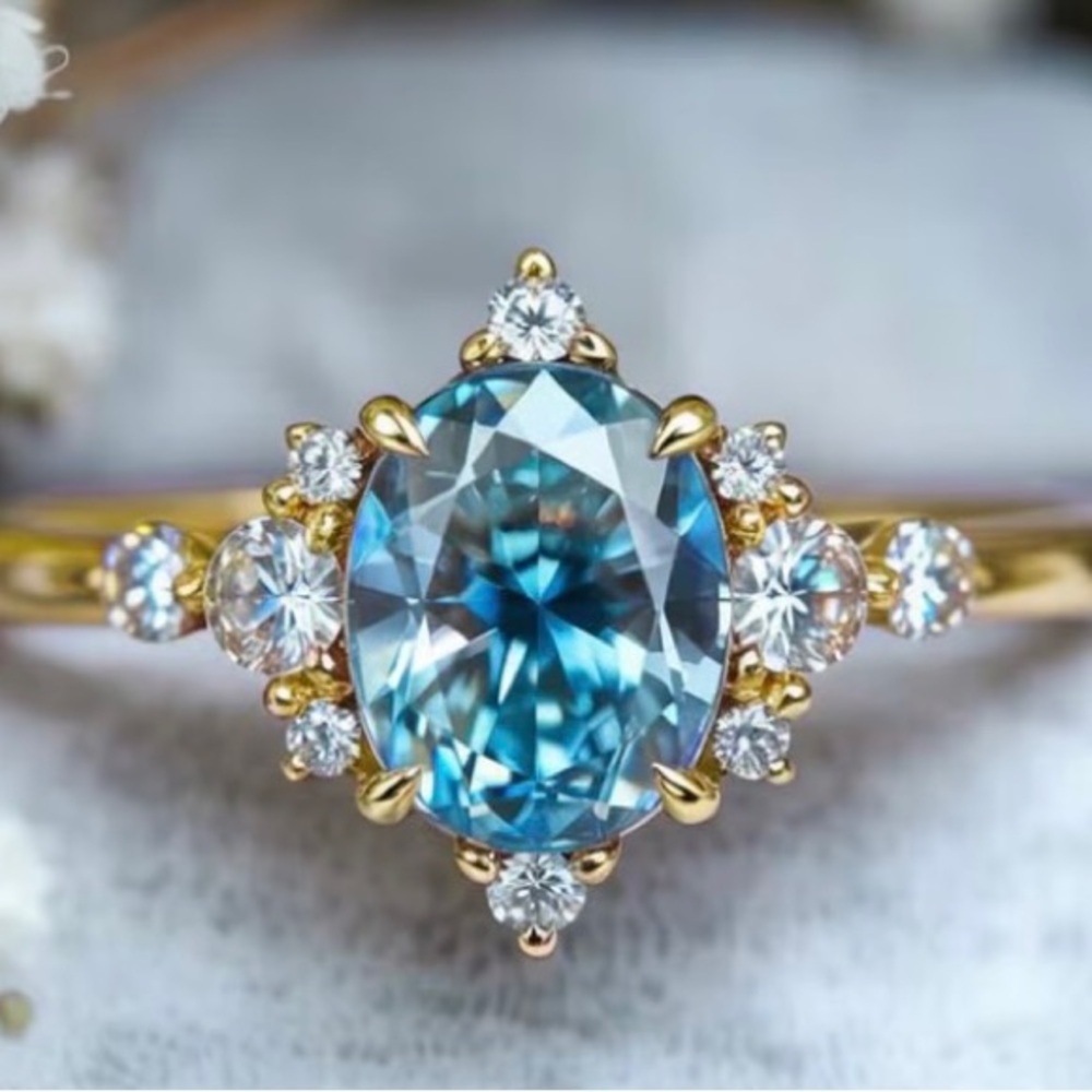 14kt Gold Plated with Oval Blue synthetic Zirconium stone size 8